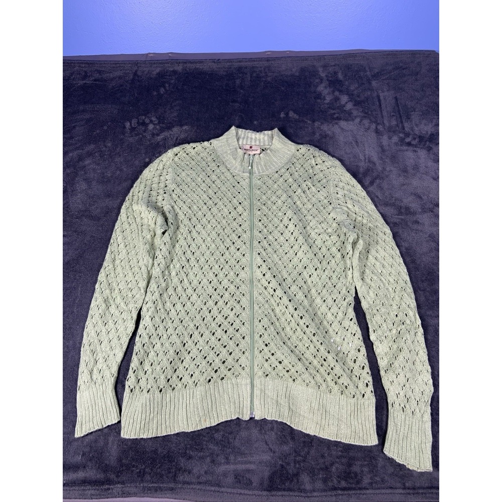 Womens Woolrich Ramie Blend Open Weave Light Sage Green Full Zip Cardigan XL